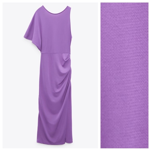 NWT. Zara Light Lilac Draped Asymmetrical Open Back Midi Dress. Size S. - Picture 7 of 13